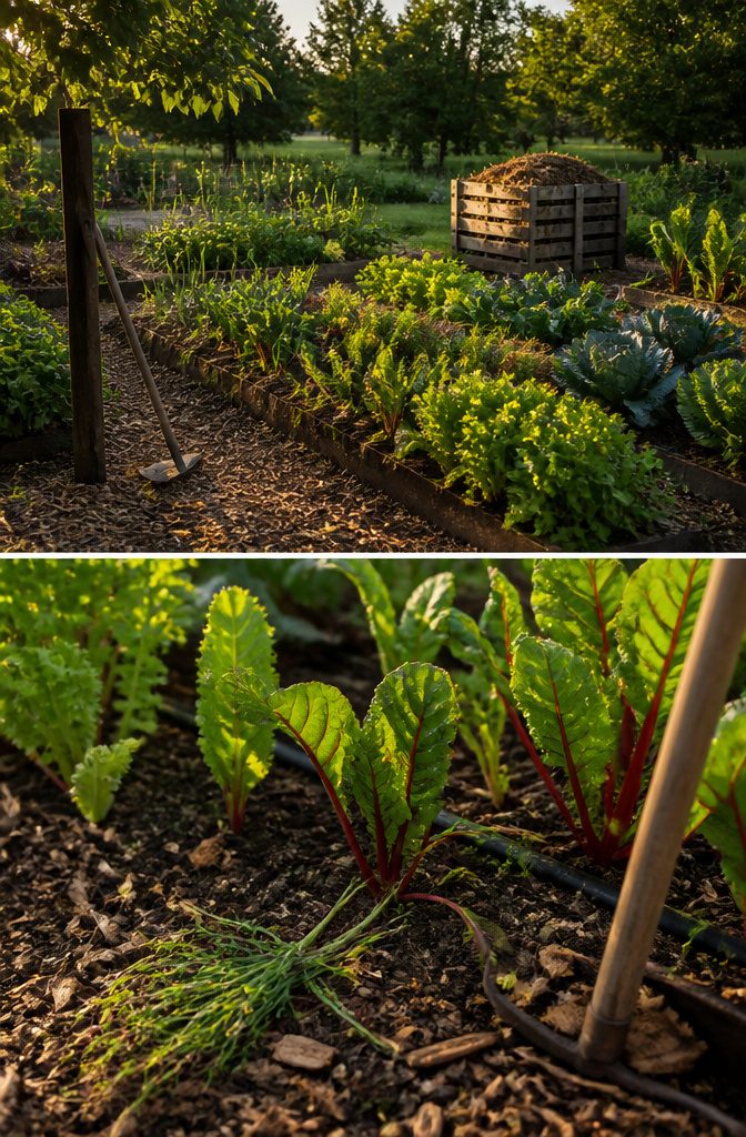A gardener inspecting plants and weeding in a vegetable garden.