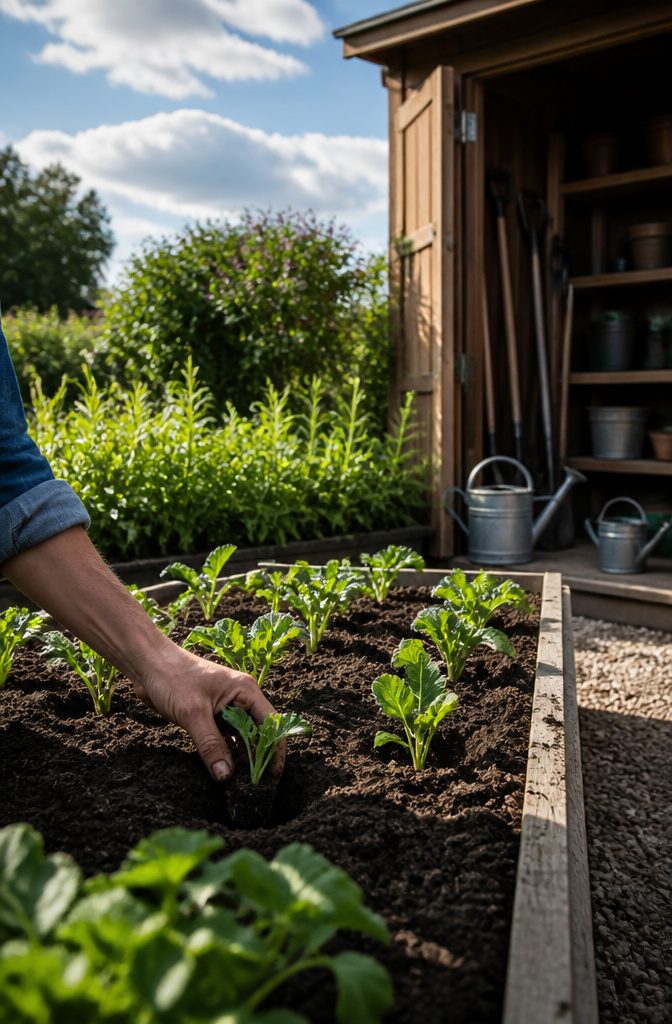 Hands planting seedlings into a well-prepared garden bed.