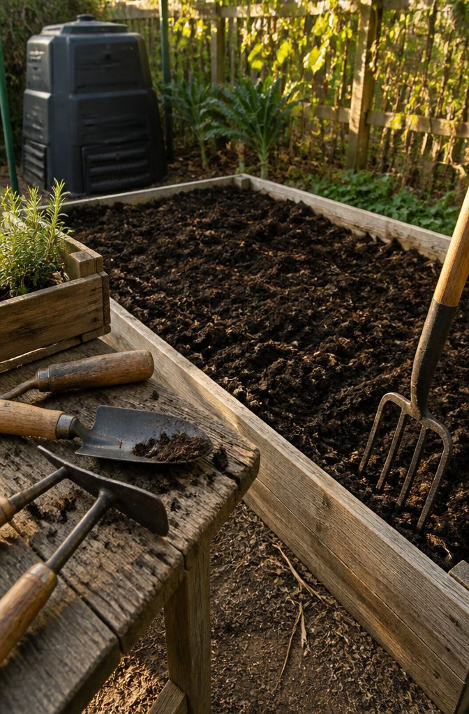 Rich, dark soil in a garden bed with gardening tools nearby.