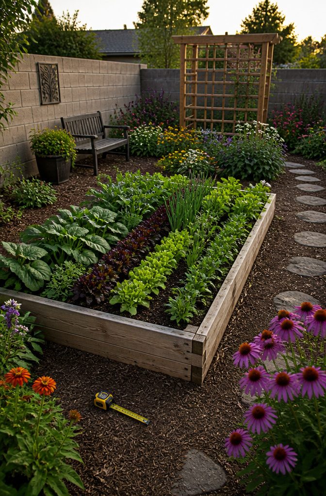 A raised garden bed measuring 4 feet by 8 feet in a backyard.
