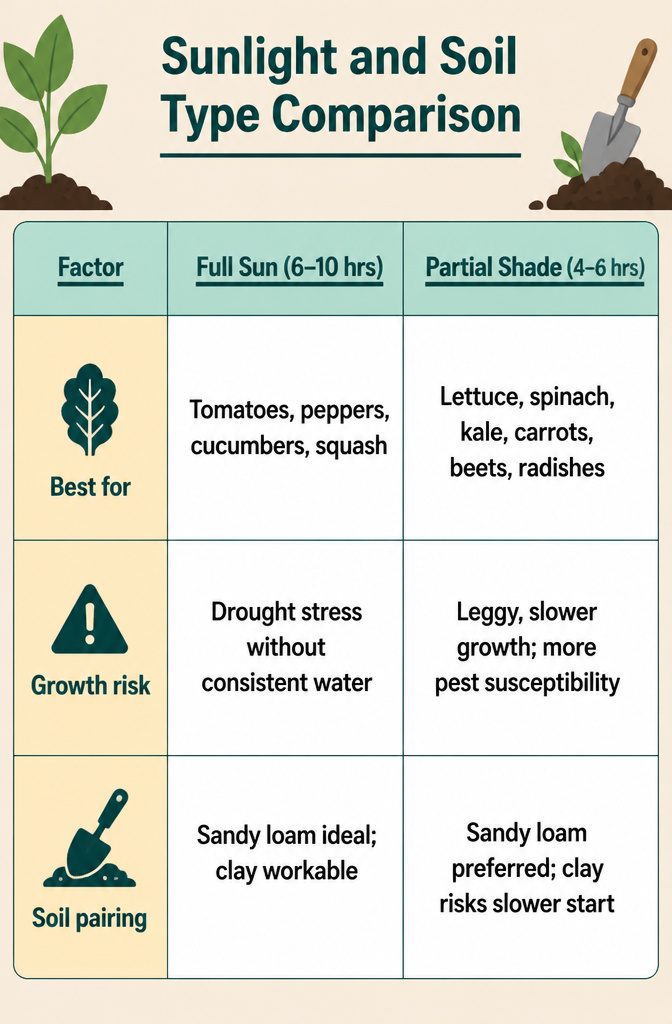 A comparison chart showing sunlight and soil type requirements for vegetables.