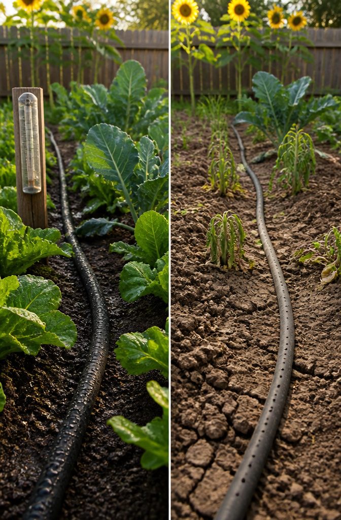 A garden plot being watered with a hose in a backyard.