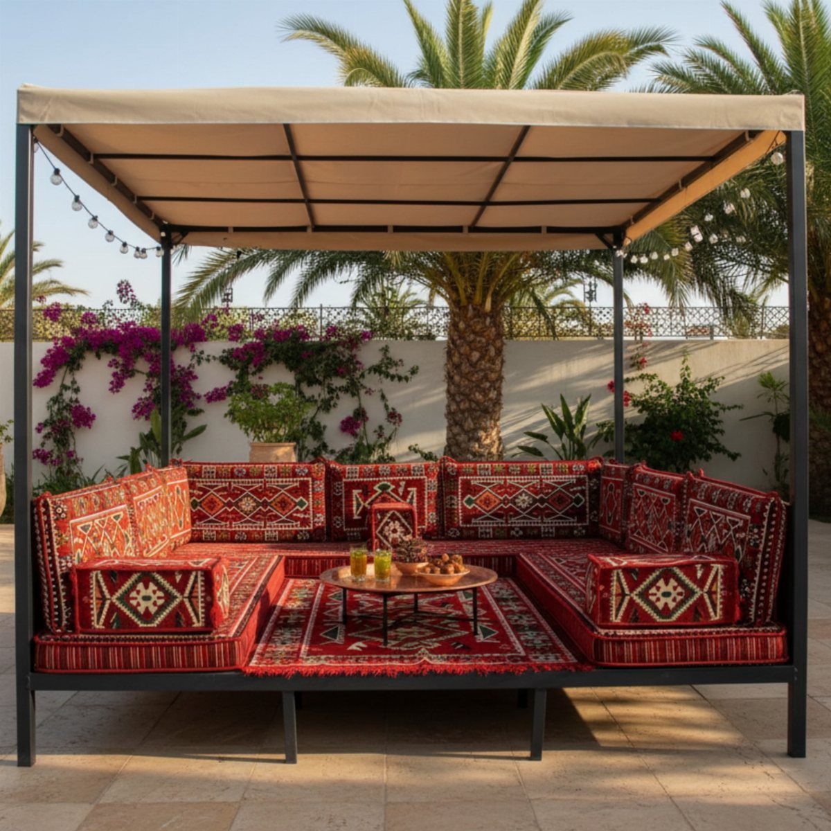 Red patterned bohemian cushions and rug arranged under a black metal frame gazebo canopy.