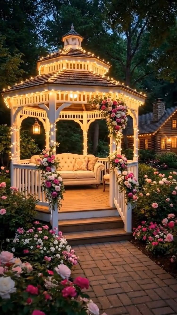 A white wooden gazebo decorated with glowing string lights and pink flowers in a lush garden.