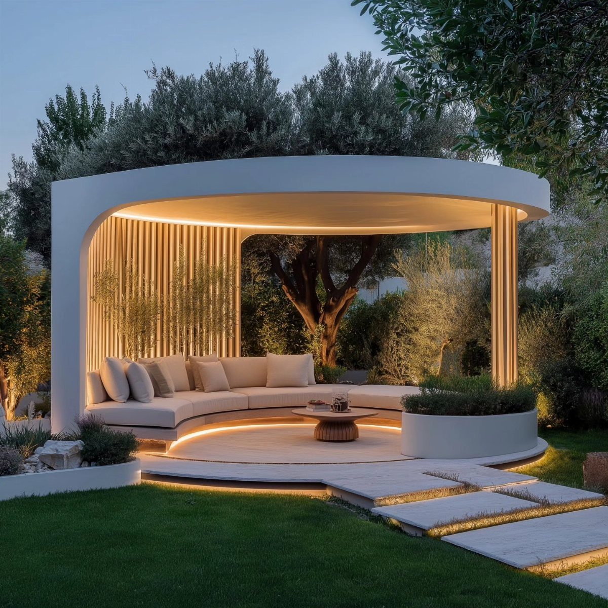 Modern white curved gazebo with built-in cushioned seating and warm ambient lighting in a garden.