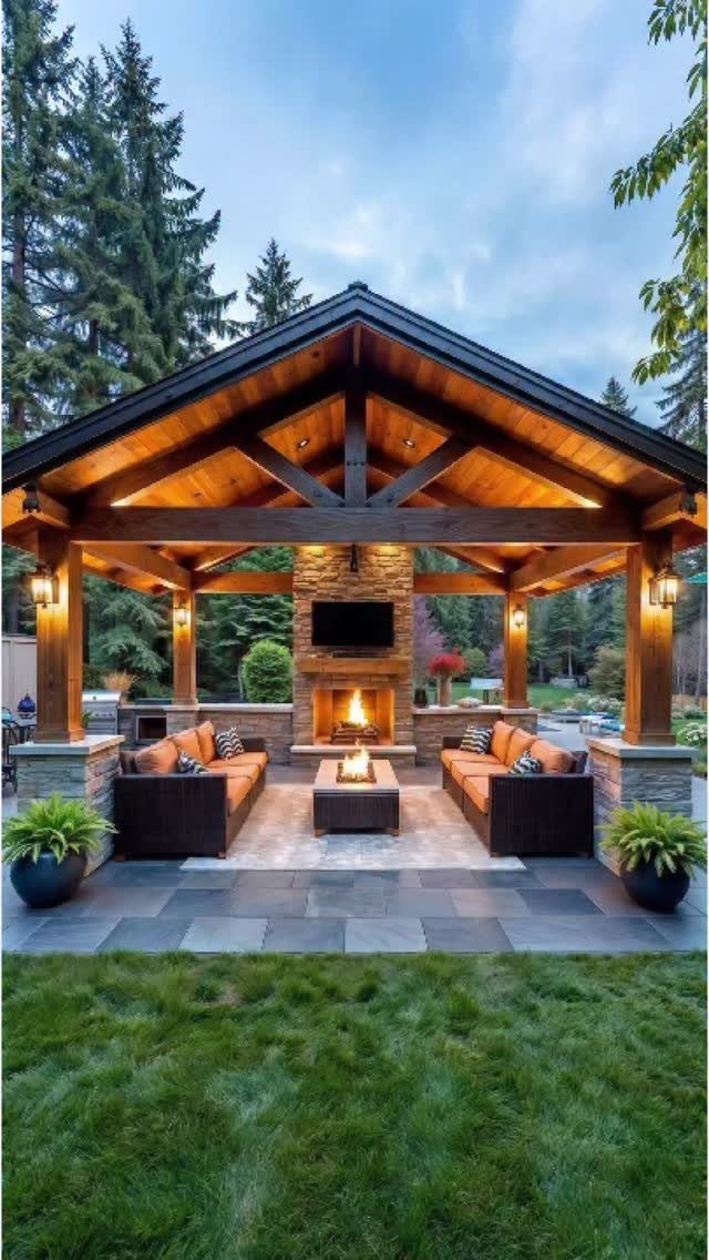 A large wooden outdoor pavilion with a stone fireplace and lounge seating on a patio.