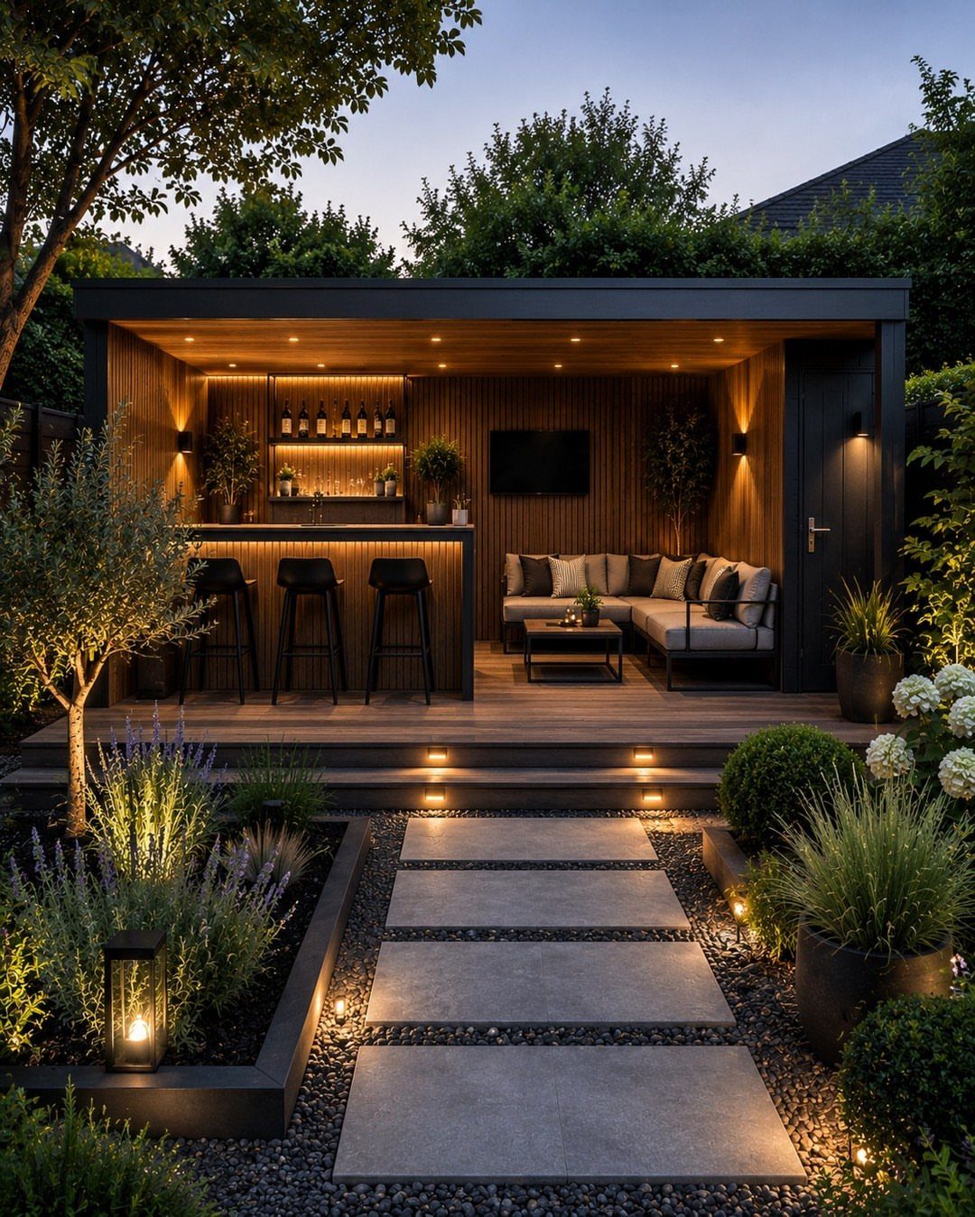 Modern outdoor living room with a built-in bar, lounge seating, and a television under a dark wooden structure.