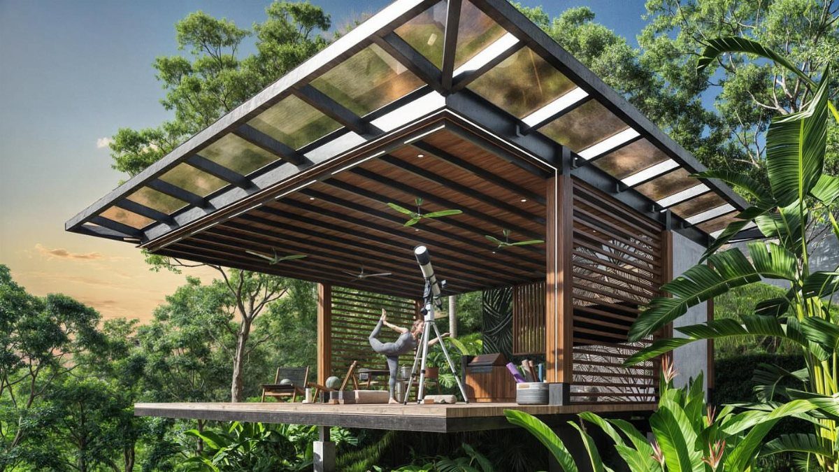 A person practicing yoga inside a modern wooden gazebo surrounded by tropical greenery.