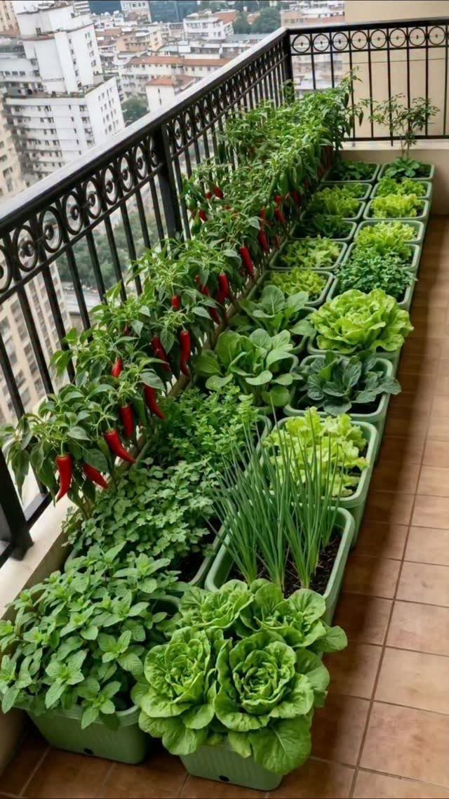 Green rectangular planters filled with various vegetables and herbs arranged along a city balcony railing.