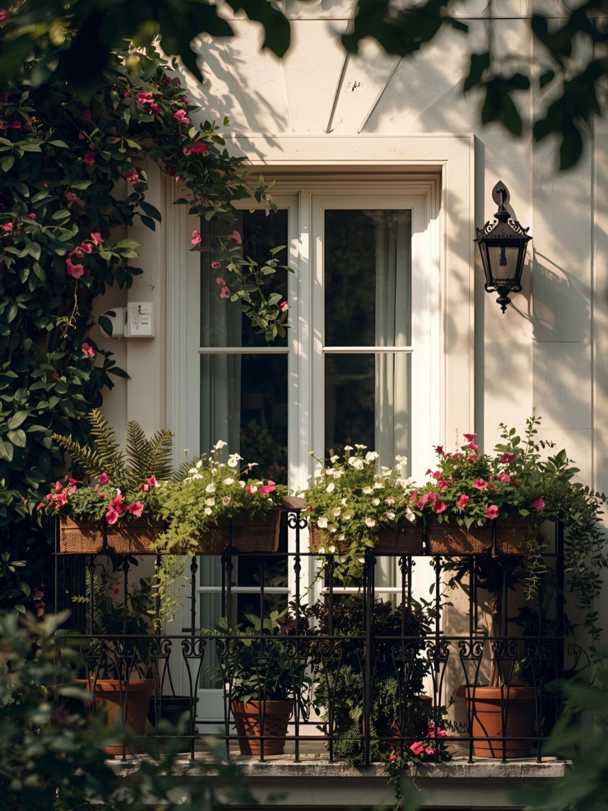 Flowering plants in wooden window boxes and terracotta pots decorate a white balcony door.