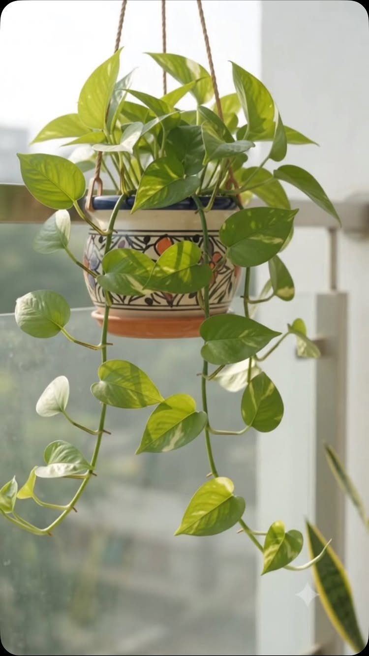 Green pothos plant trailing from a decorative ceramic hanging planter on a balcony.