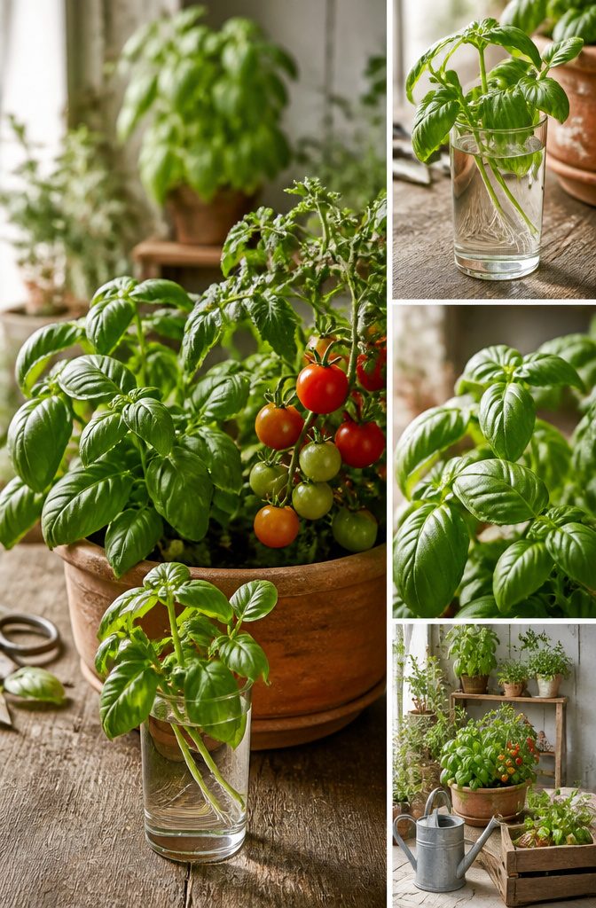 Basil Plant Care: A Guide to Growing, Watering and Harvesting 11 Basil planted near tomatoes in a garden setting.
