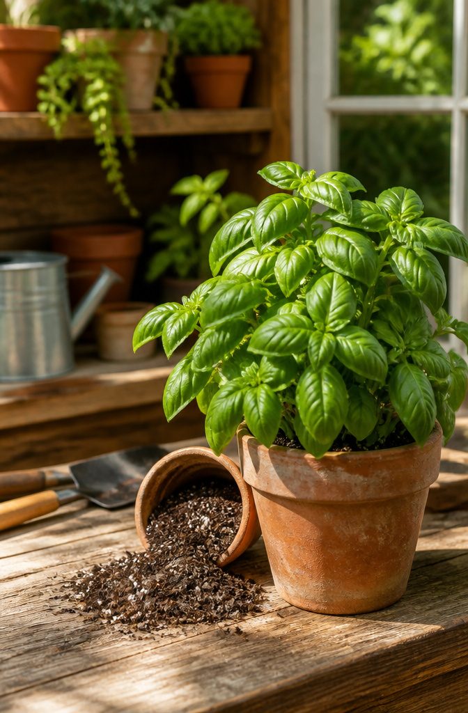 Basil Plant Care: A Guide to Growing, Watering and Harvesting 4 A potted basil plant and a terracotta container of fertilizer.