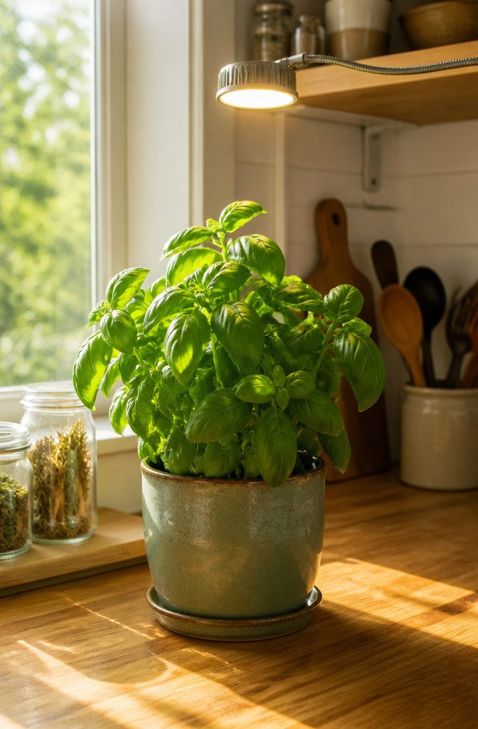Basil Plant Care: A Guide to Growing, Watering and Harvesting 10 A basil plant on a kitchen counter near a south-facing window.