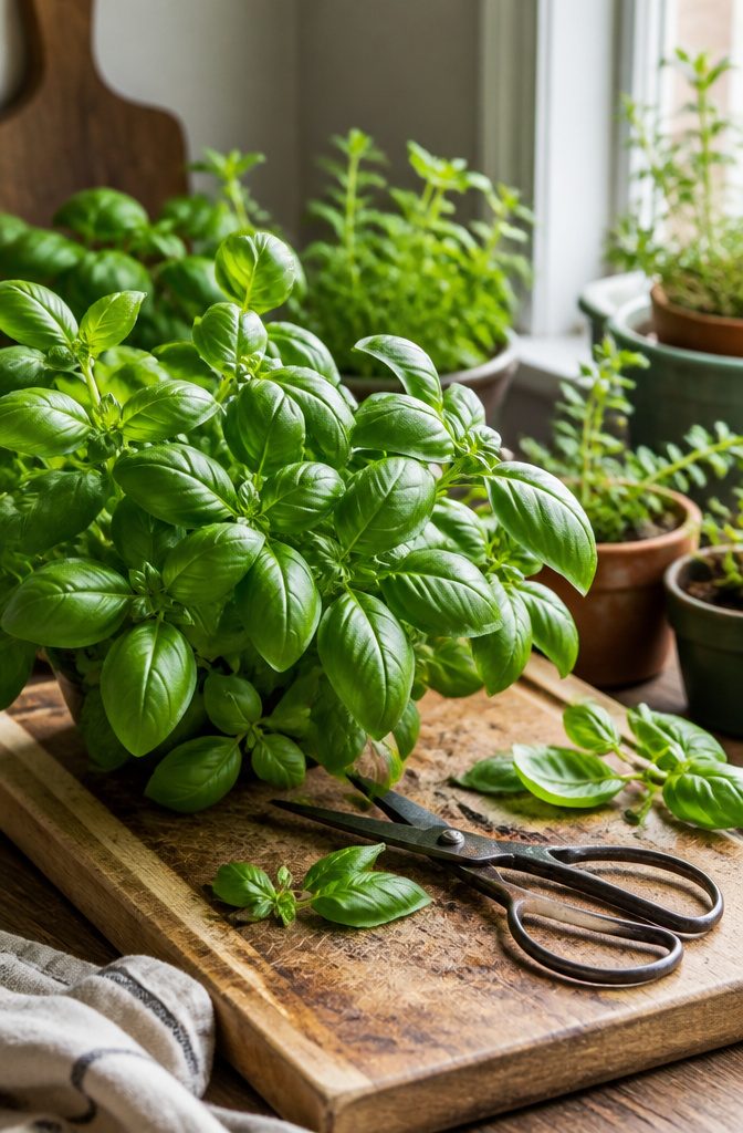 Basil Plant Care: A Guide to Growing, Watering and Harvesting 5 A basil plant on a cutting board with scissors nearby.
