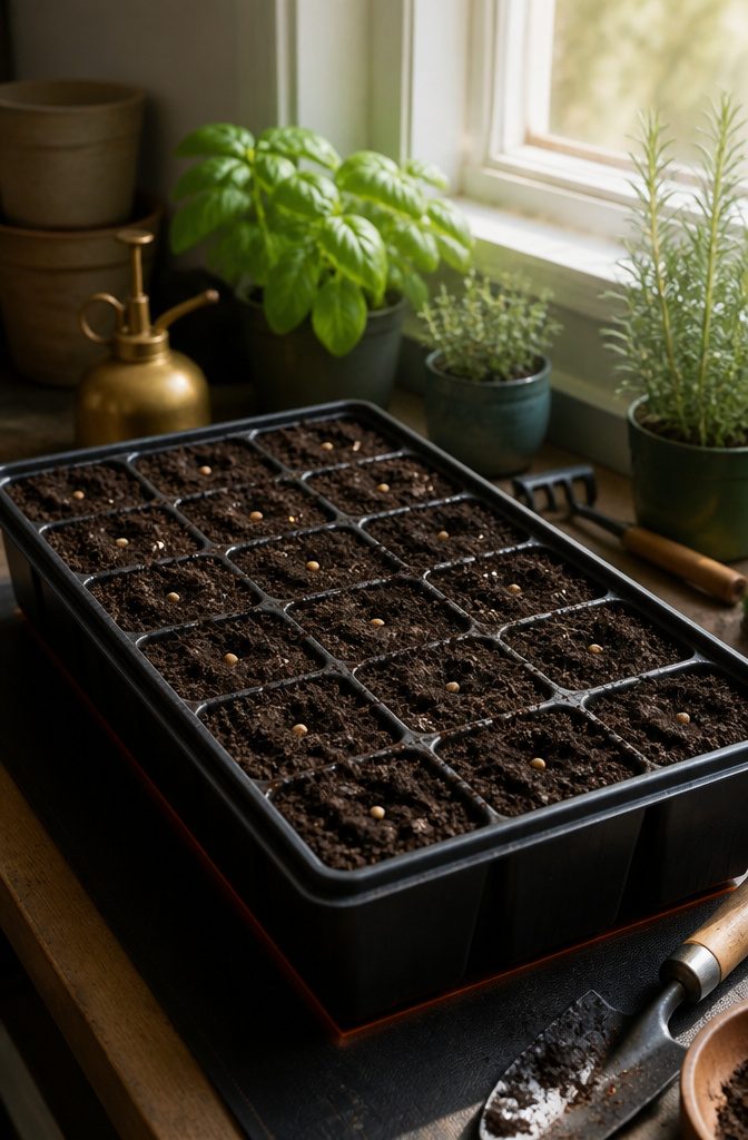 Basil Plant Care: A Guide to Growing, Watering and Harvesting 1 A seed tray filled with basil seeds on dark potting mix.
