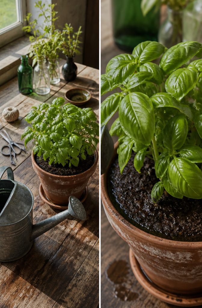 Basil Plant Care: A Guide to Growing, Watering and Harvesting 3 A hand watering basil plants at the base of their stems.