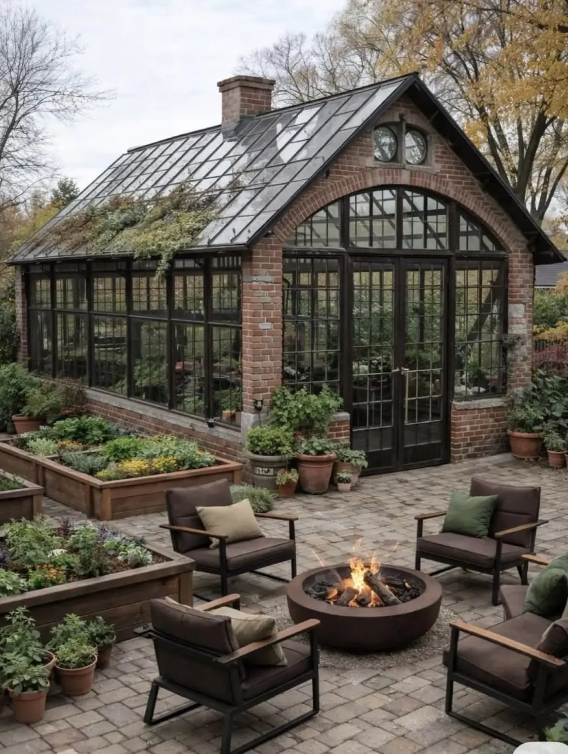 16 Beautiful Backyard Ideas for Cozy to Elegant Outdoor Spaces 16 A brick greenhouse with large glass panes stands behind raised garden beds and a patio fire pit.