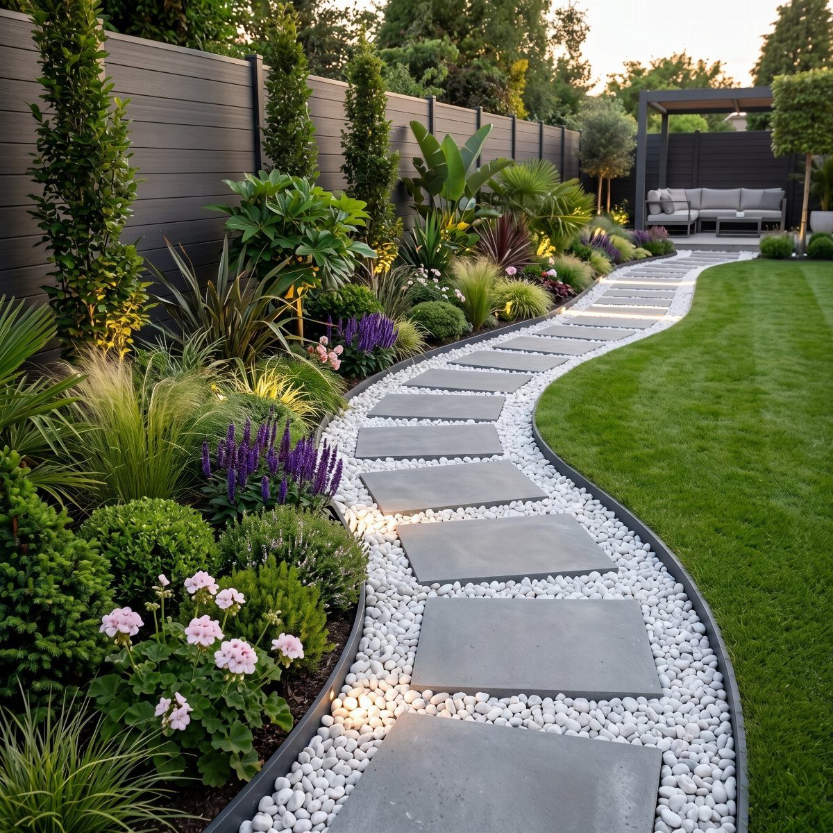 16 Beautiful Backyard Ideas for Cozy to Elegant Outdoor Spaces 4 A winding stone path through a lush garden with green plants and purple flowers.