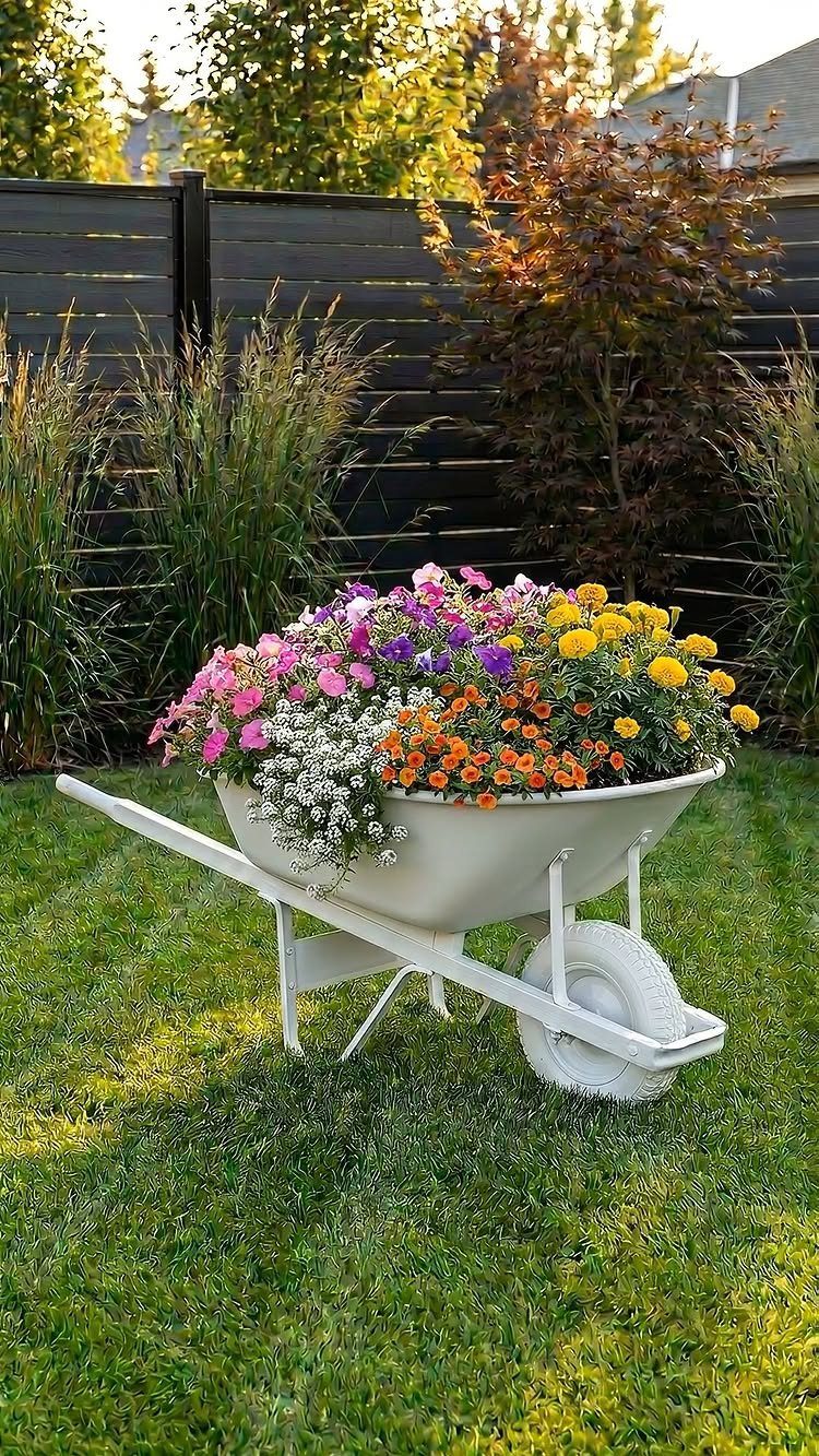 16 Beautiful Backyard Ideas for Cozy to Elegant Outdoor Spaces 8 Colorful flowers in a white wheelbarrow sitting on a green grass lawn.