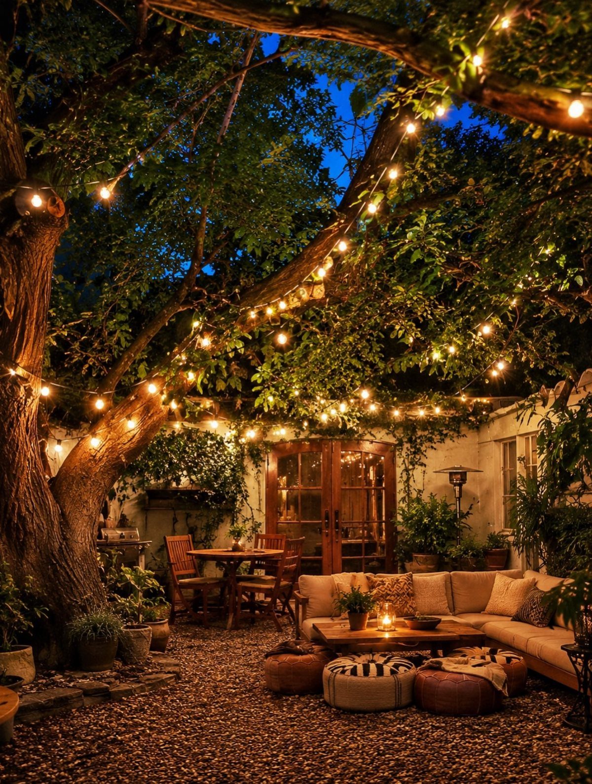 16 Beautiful Backyard Ideas for Cozy to Elegant Outdoor Spaces 1 String lights hanging from a large tree over a cozy outdoor seating area with a sofa and coffee tables.