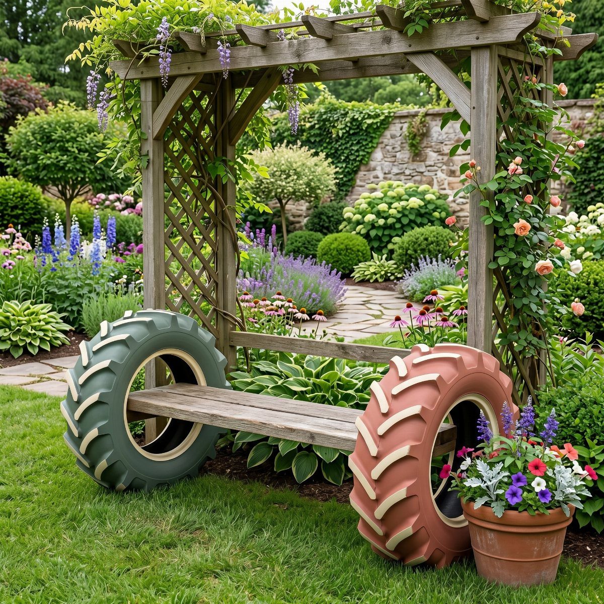 16 Beautiful Backyard Ideas for Cozy to Elegant Outdoor Spaces 11 A DIY bench made from two large tractor tires and a wooden plank in a garden.