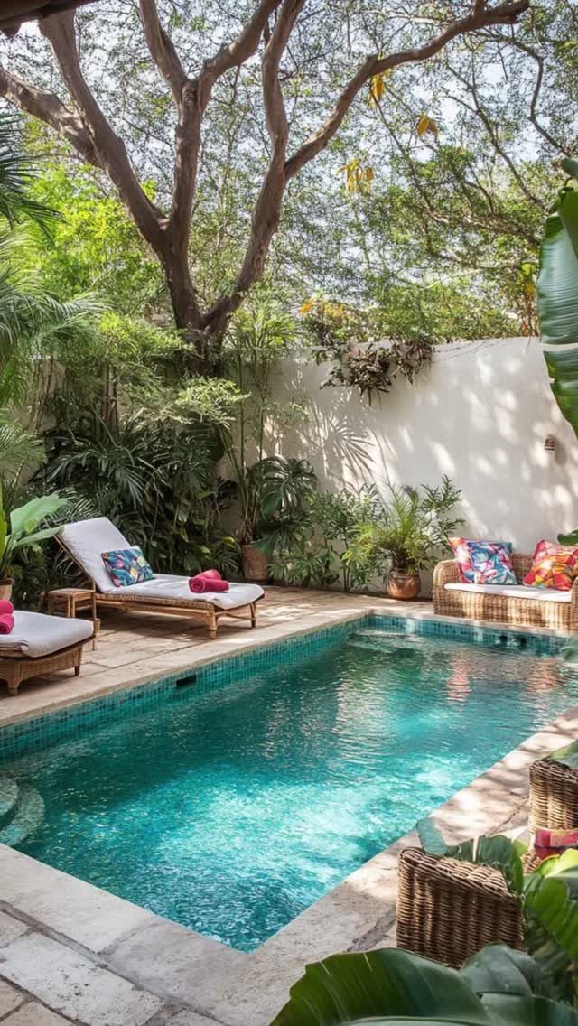 16 Beautiful Backyard Ideas for Cozy to Elegant Outdoor Spaces 12 A turquoise swimming pool surrounded by tropical plants and lounge chairs on a stone patio.