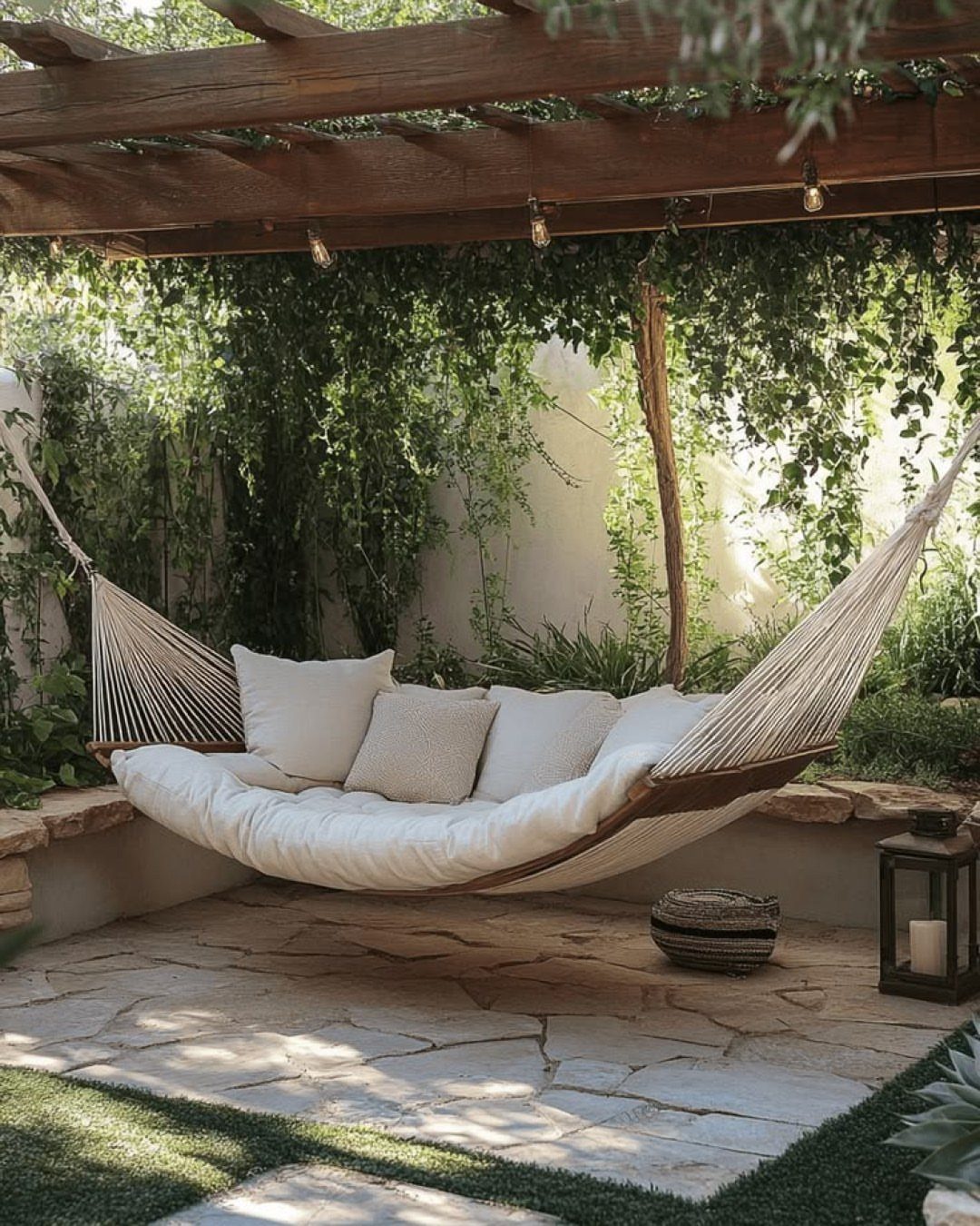 16 Beautiful Backyard Ideas for Cozy to Elegant Outdoor Spaces 15 A large cream rope hammock with white pillows hangs under a wooden pergola surrounded by greenery.