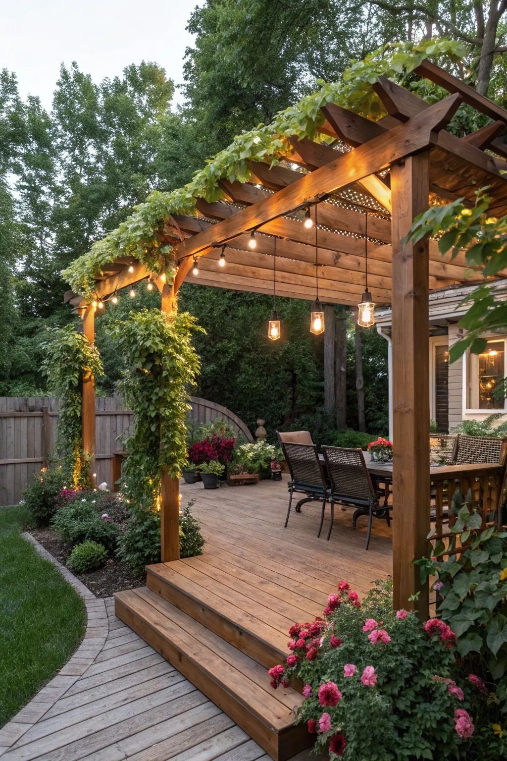 16 Beautiful Backyard Ideas for Cozy to Elegant Outdoor Spaces 14 A wooden pergola with climbing vines and string lights over a backyard deck.