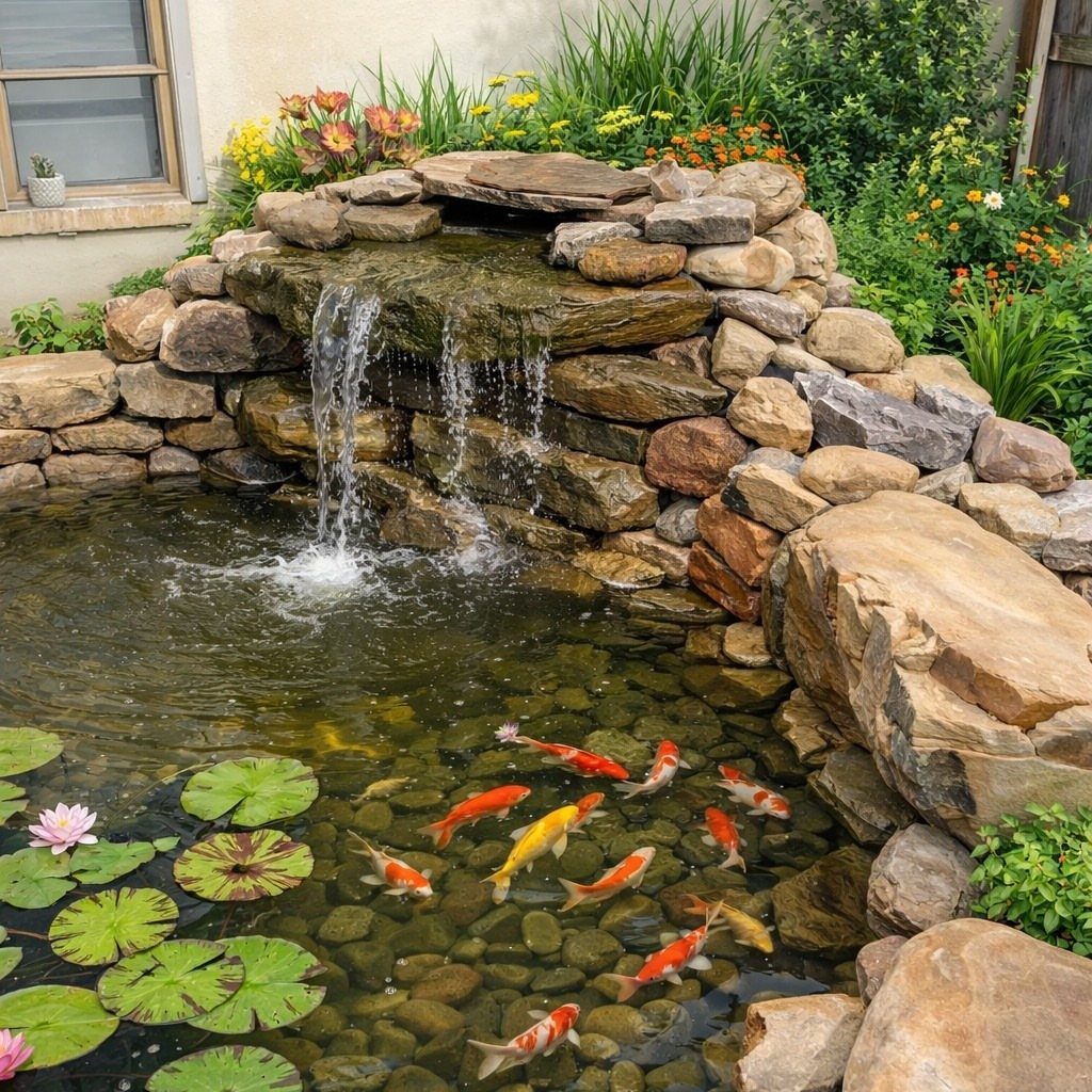 16 Beautiful Backyard Ideas for Cozy to Elegant Outdoor Spaces 13 Koi fish swimming in a stone pond with a small waterfall and lily pads.