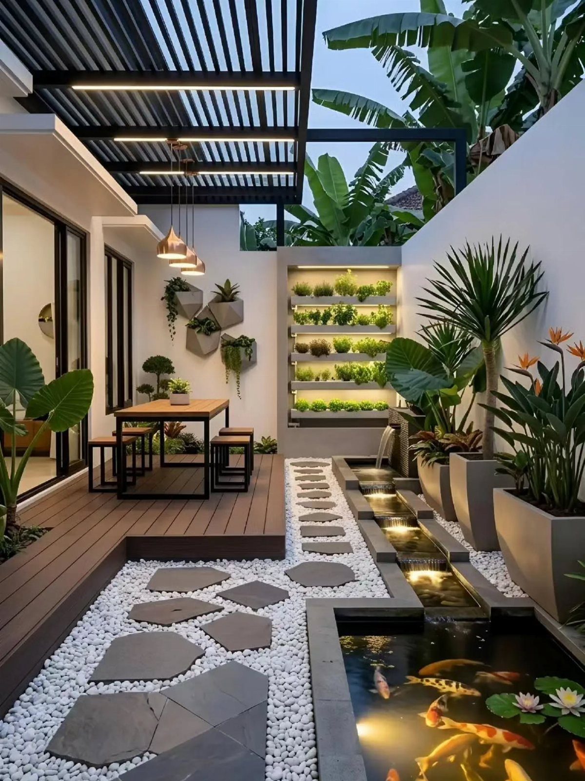 16 Beautiful Backyard Ideas for Cozy to Elegant Outdoor Spaces 7 Modern backyard with a wooden deck, koi pond, stone path, and a lit vertical garden wall.
