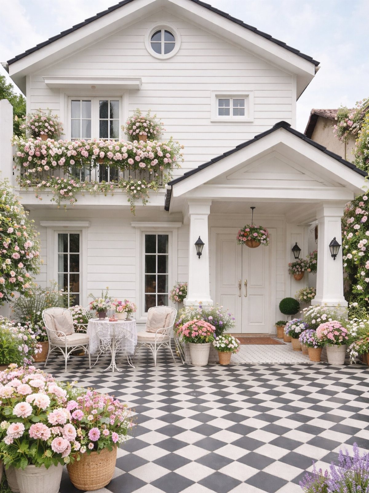 White farmhouse with pink rose flower boxes and a black and white checkered patio.