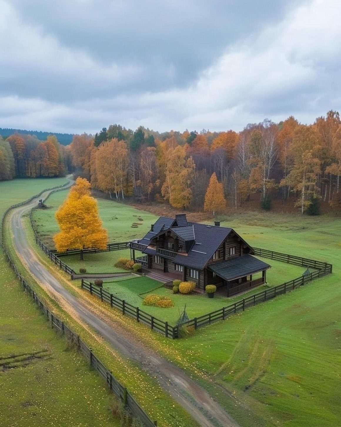 A dark wooden farmhouse with a black roof sits within a fenced green yard surrounded by autumn trees.