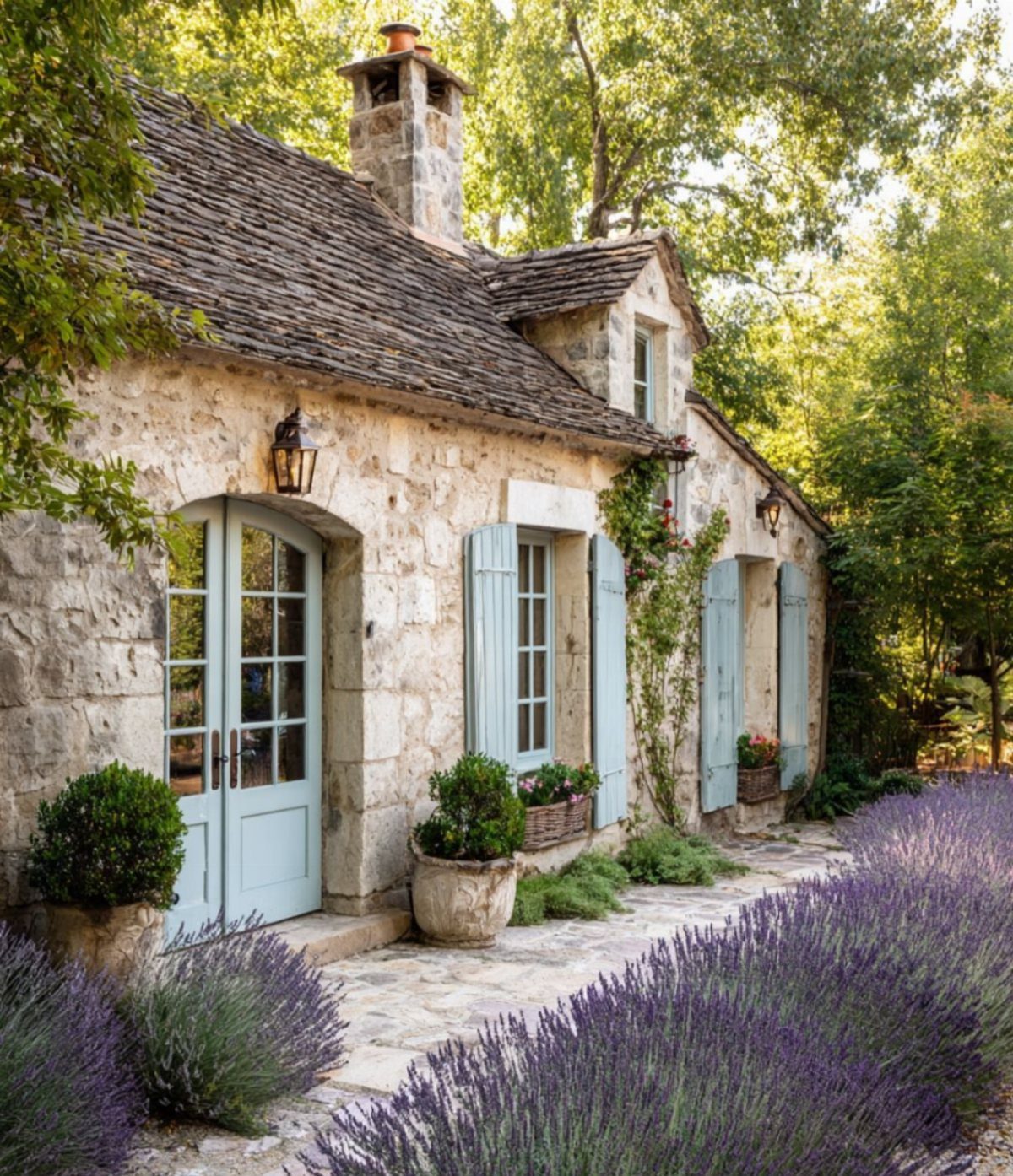 Stone cottage with light blue shutters and doors surrounded by lavender and green trees.