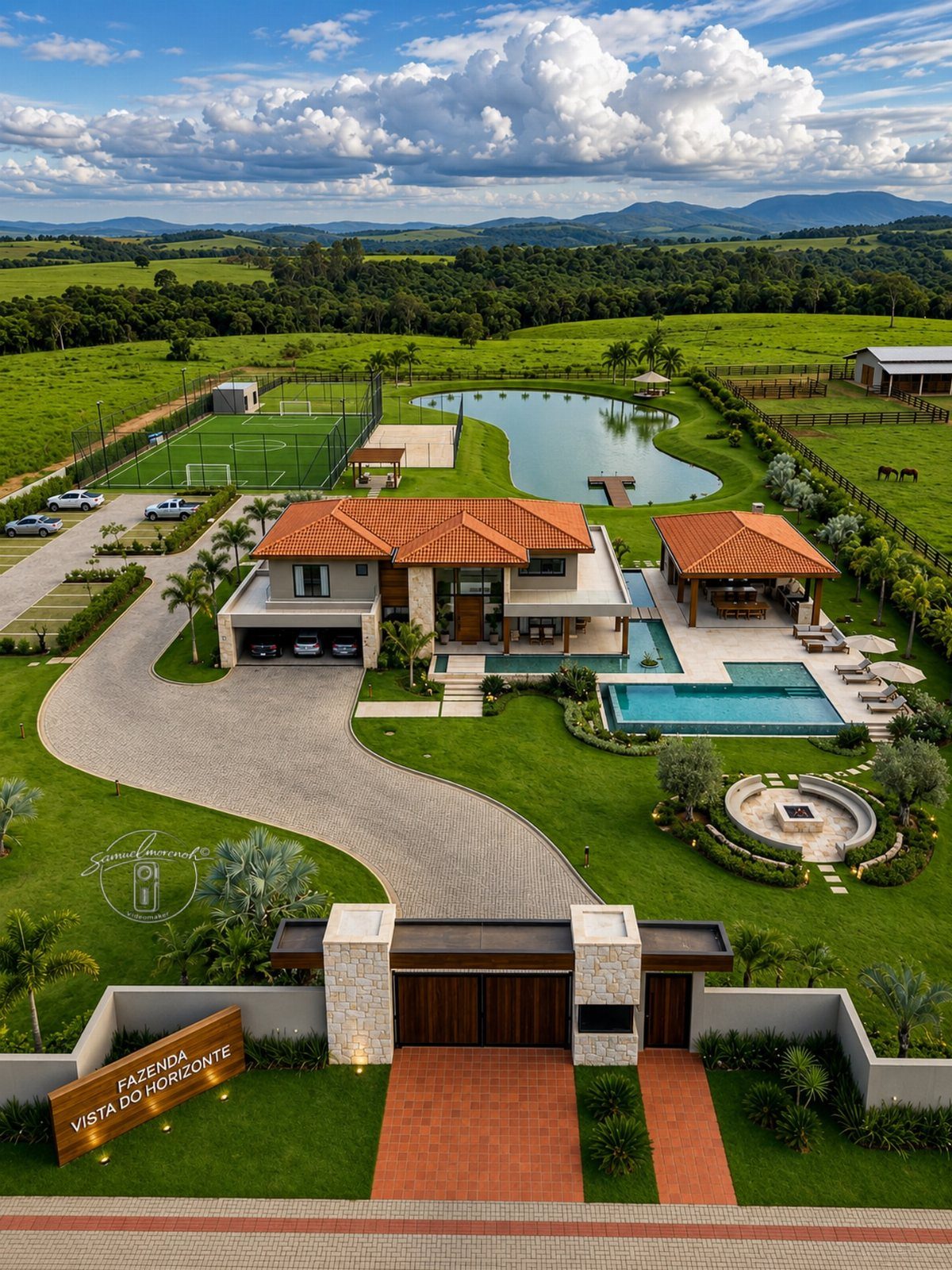 Aerial view of a luxury farmhouse estate with a swimming pool, pond, and manicured green lawns.