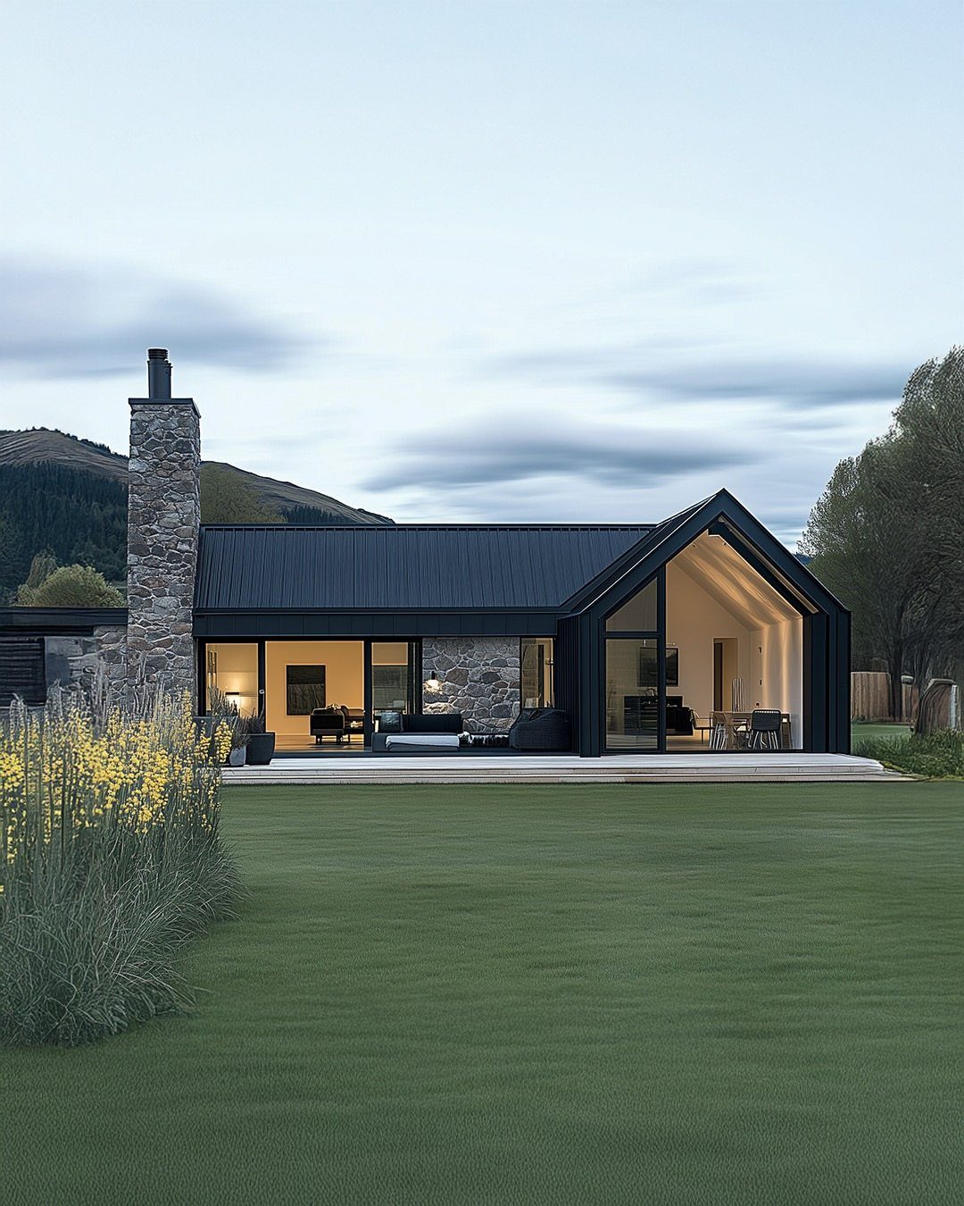 Modern black farmhouse with large glass windows and a stone chimney on a green lawn.