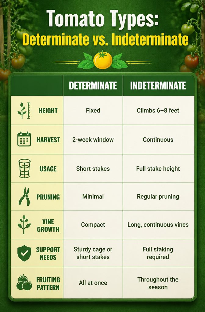 Best Way to Stake Tomato Plants: Stakes, Weave and Trellis Explained 11 An infographic comparing determinate and indeterminate tomato plants.