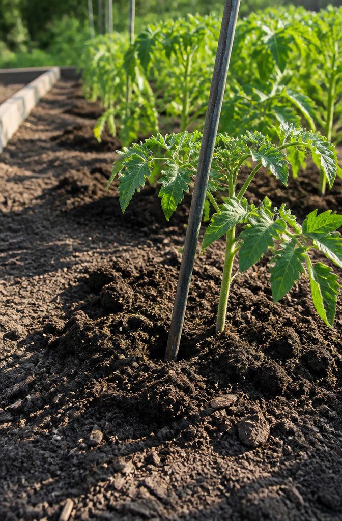 Best Way to Stake Tomato Plants: Stakes, Weave and Trellis Explained 3 A metal stake embedded in soil near green tomato plants.