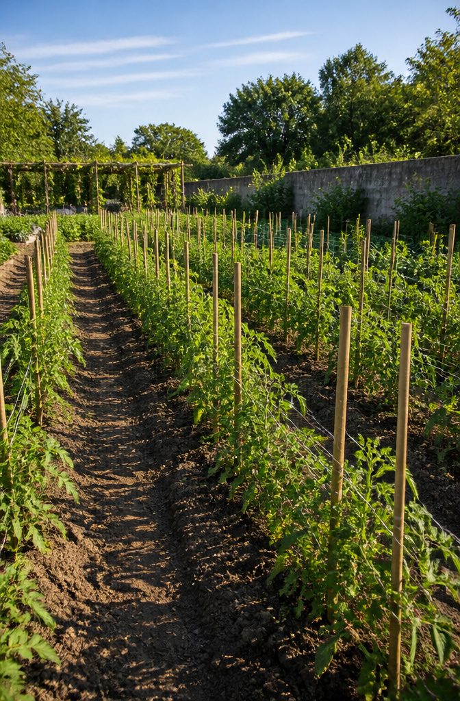 Best Way to Stake Tomato Plants: Stakes, Weave and Trellis Explained 8 Tomato plants supported by twine woven between stakes in a row.