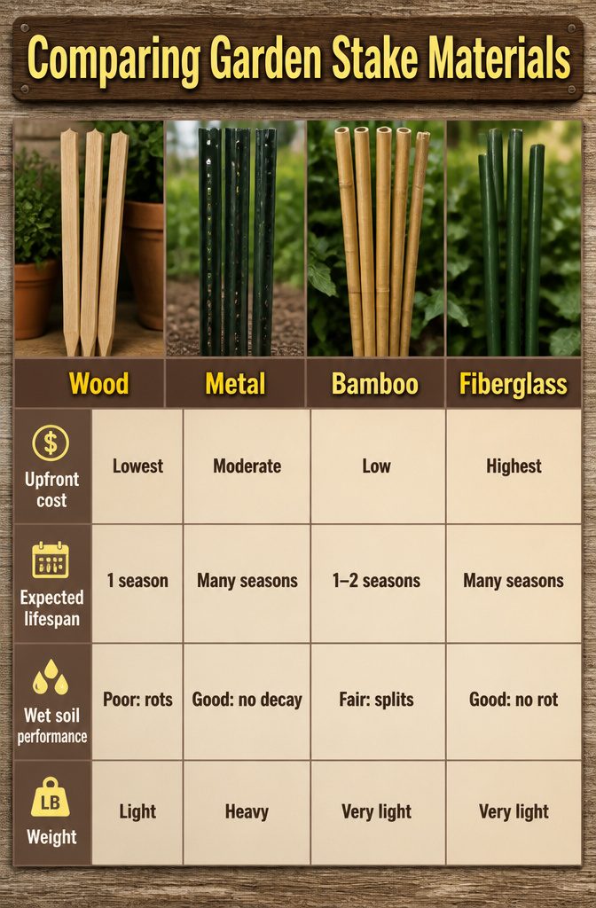 Best Way to Stake Tomato Plants: Stakes, Weave and Trellis Explained 13 Different types of garden stakes displayed on a surface.