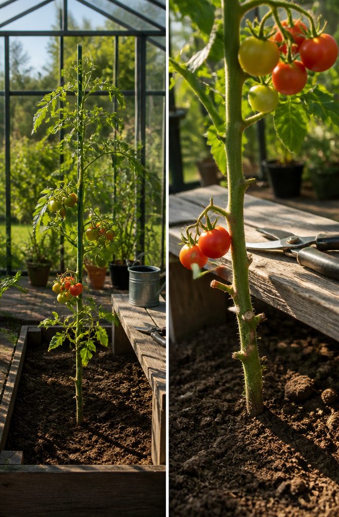 Best Way to Stake Tomato Plants: Stakes, Weave and Trellis Explained 6 A gardener pinching off suckers from a young tomato plant.