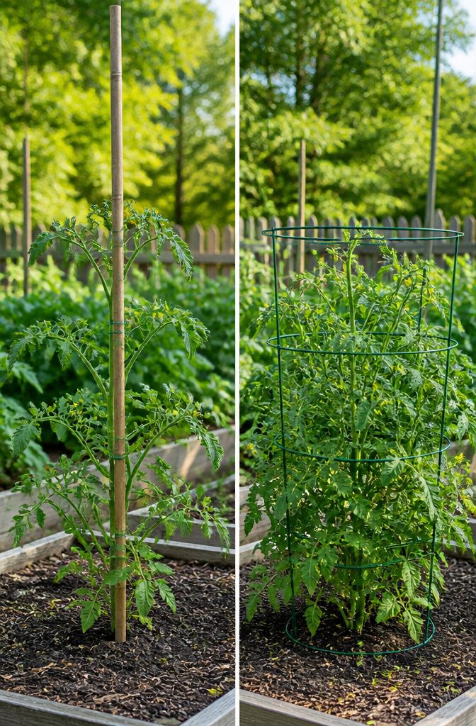 Best Way to Stake Tomato Plants: Stakes, Weave and Trellis Explained 7 A tall single stake supporting a climbing tomato plant.