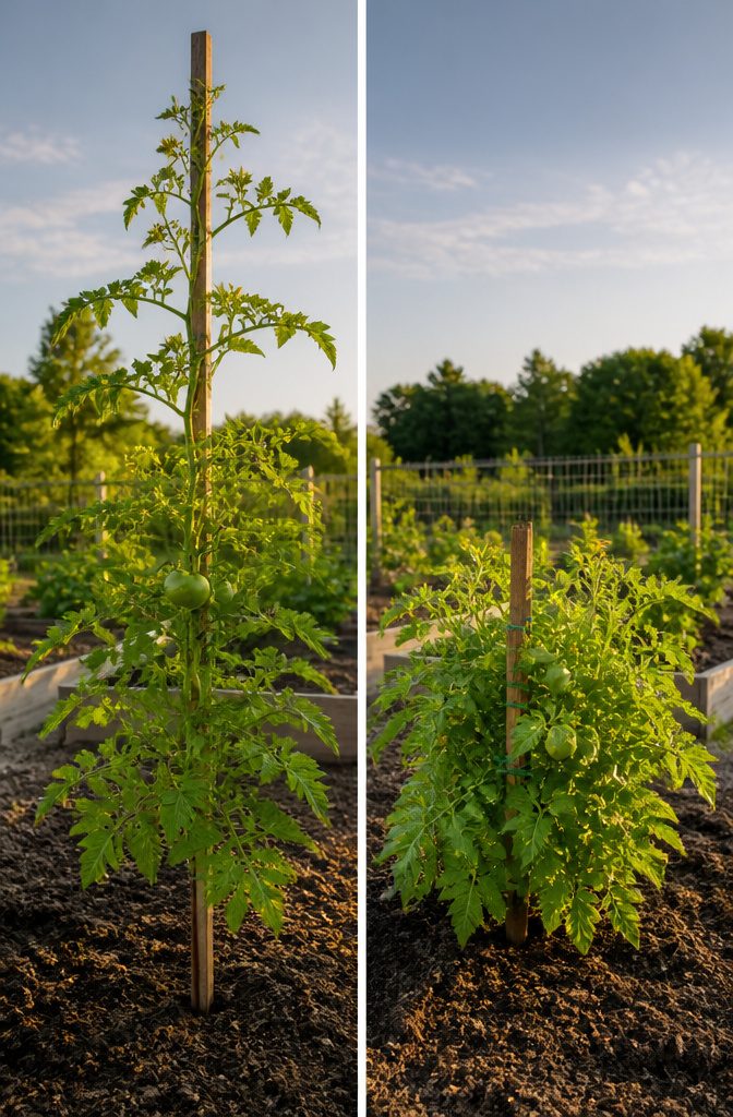 Best Way to Stake Tomato Plants: Stakes, Weave and Trellis Explained 2 Two types of stakes, one tall and one short, for different tomato plants.