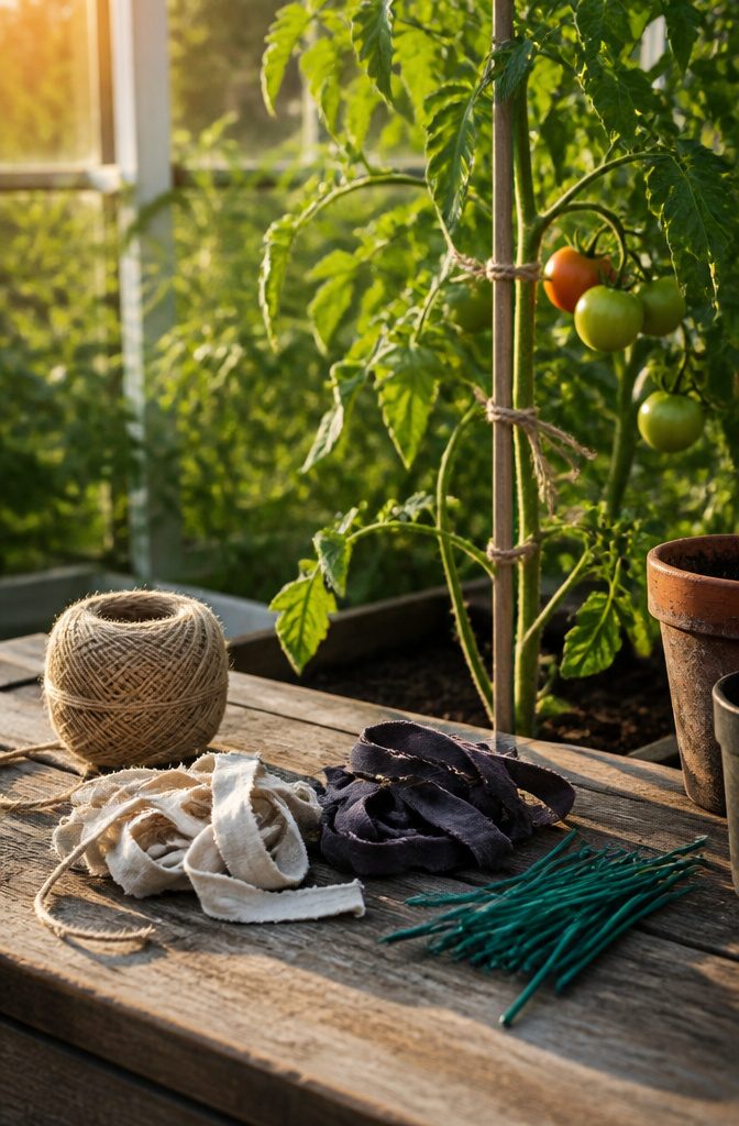 Best Way to Stake Tomato Plants: Stakes, Weave and Trellis Explained 4 Various tying materials arranged on a wooden workbench for gardening.