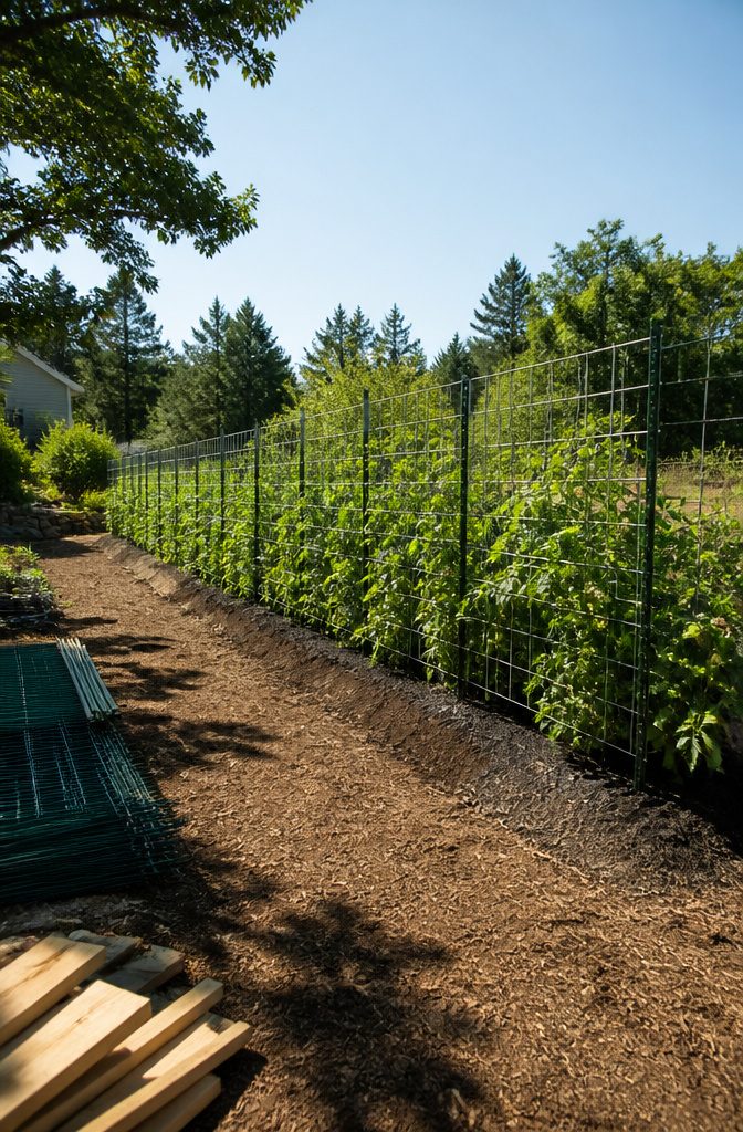 Best Way to Stake Tomato Plants: Stakes, Weave and Trellis Explained 9 A long cattle panel set up for supporting multiple tomato plants.