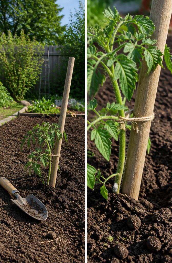 Best Way to Stake Tomato Plants: Stakes, Weave and Trellis Explained 1 A close-up of tomato plants in soil, ready for staking.