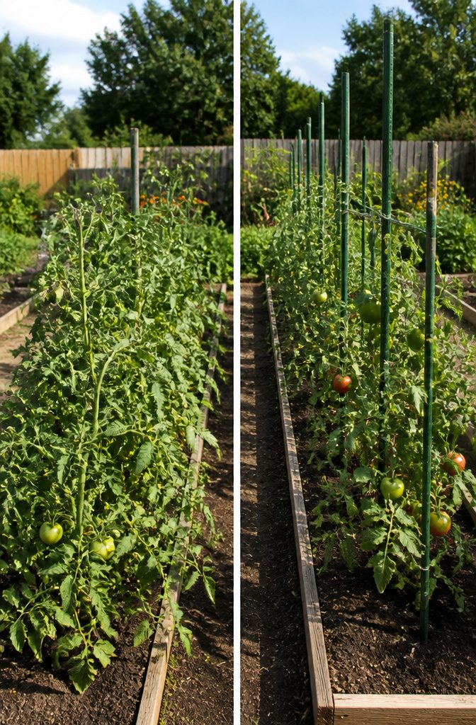 Best Way to Stake Tomato Plants: Stakes, Weave and Trellis Explained 12 A staked tomato plant with fruit raised above damp soil.