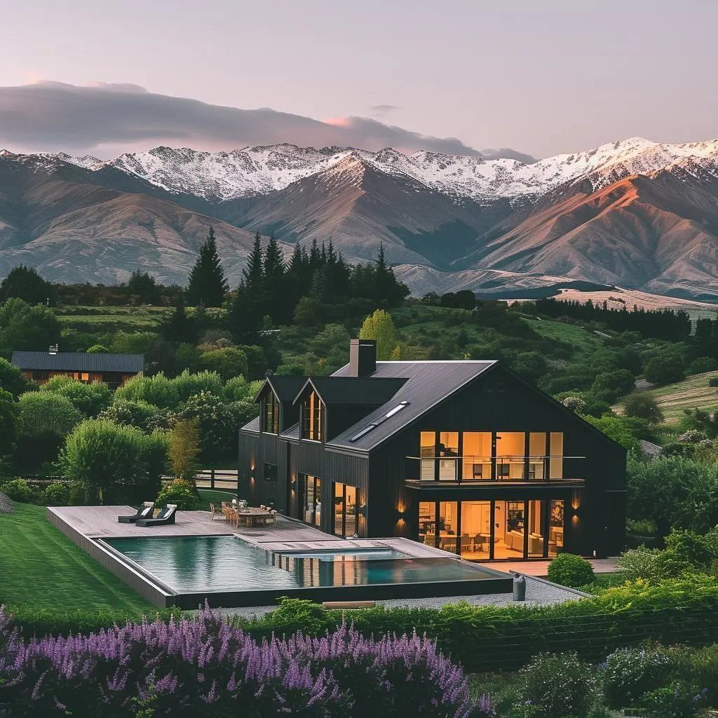 16 Black Modern Farmhouse Exterior Ideas With Photos 10 Black modern farmhouse with large windows overlooking a swimming pool and snow-capped mountains.