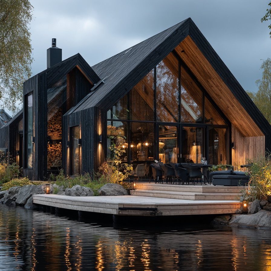 16 Black Modern Farmhouse Exterior Ideas With Photos 9 Modern black wooden house with large glass windows and natural wood accents by a lake.