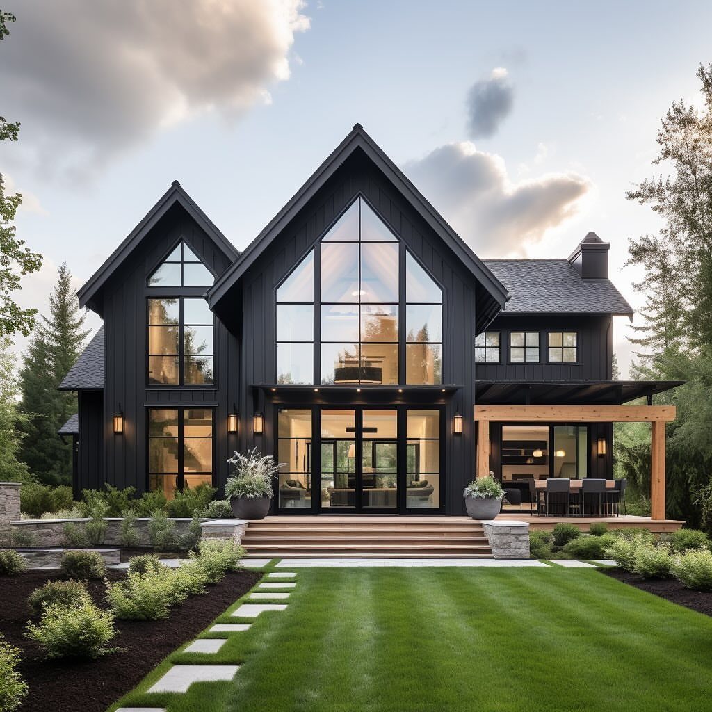 16 Black Modern Farmhouse Exterior Ideas With Photos 7 A black modern farmhouse featuring multiple steep gables and large glass windows overlooking a green lawn.
